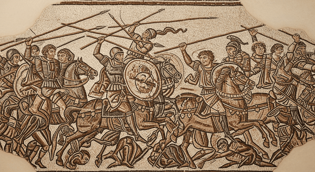 Las siete maravillas del mundo antiguo que asombraron a la humanidad 2 Mosaico antiguo representando una batalla. Obra de arte romana con escena de guerra y, engaged in combat. The soldiers are armed with spears and shields, and the composition is dynamic, with a sense of movement and chaos. The mosaic is composed figuras detalladas en tonos tierra. Ideal para temas de historia, arqueología y arte antiguo.