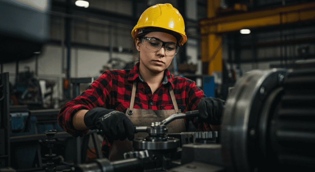 Mujer trabajadora con casco amarillo reparando maquinaria. Foto de una profesional en el taller