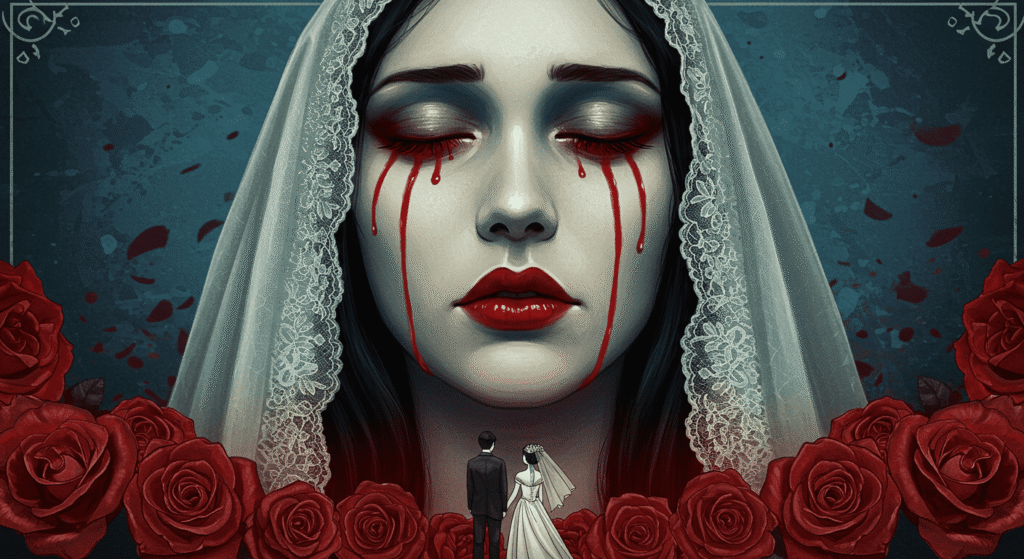 La Llorona: leyenda, origen y misterio detrás del fantasma más famoso 3 Ilustración de novia fantasma llorando lágrimas de sangre. Imagen gótica y melancólica