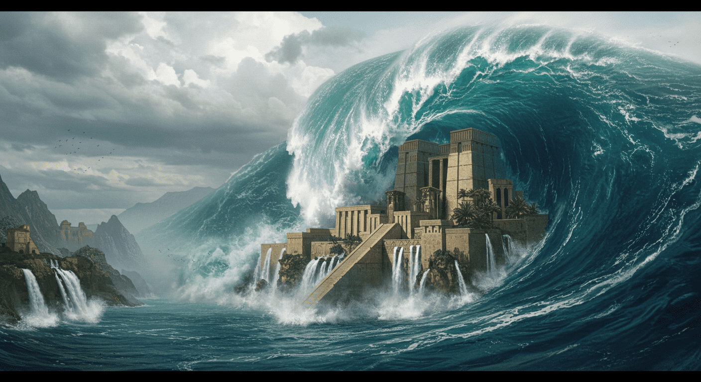 Vista panorámica de una ciudad antigua sumergida, posiblemente Atlantis, con arquitectura clásica y cascadas