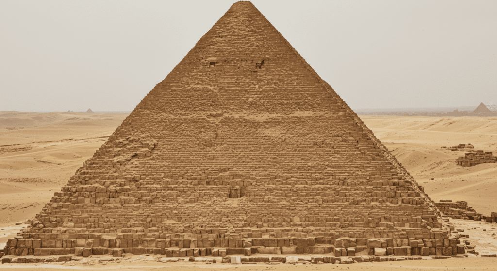 "Primer plano de una de las Pirámides de Giza en Egipto. Estructura antigua de piedra en el desierto bajo un cielo nublado. #pirámide #giza #egipto #desierto"

