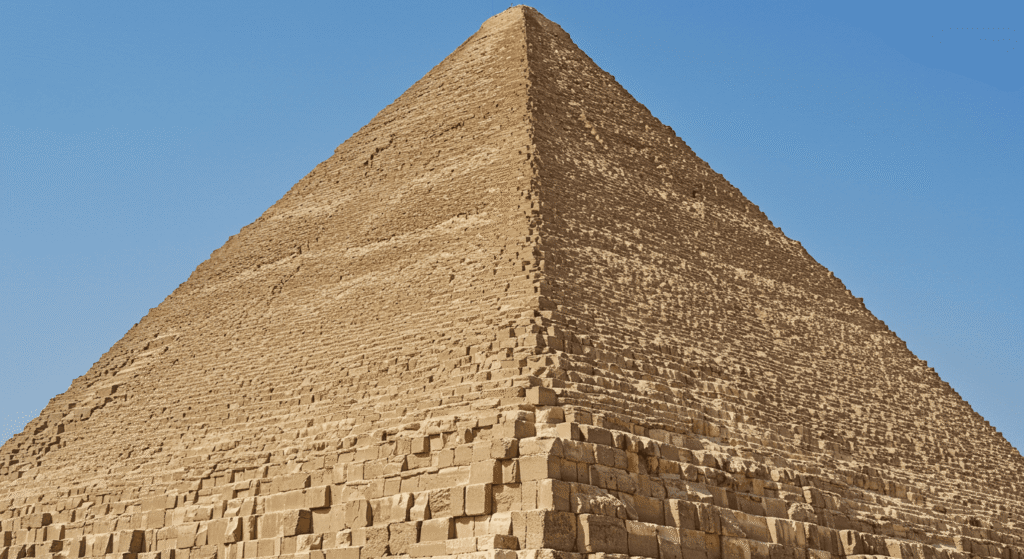 "Vista de cerca de una Pirámide de Giza en Egipto contra un cielo azul. Antigua maravilla arquitectónica hecha de bloques de piedra. #pirámide #giza #egipto #arquitectura"

