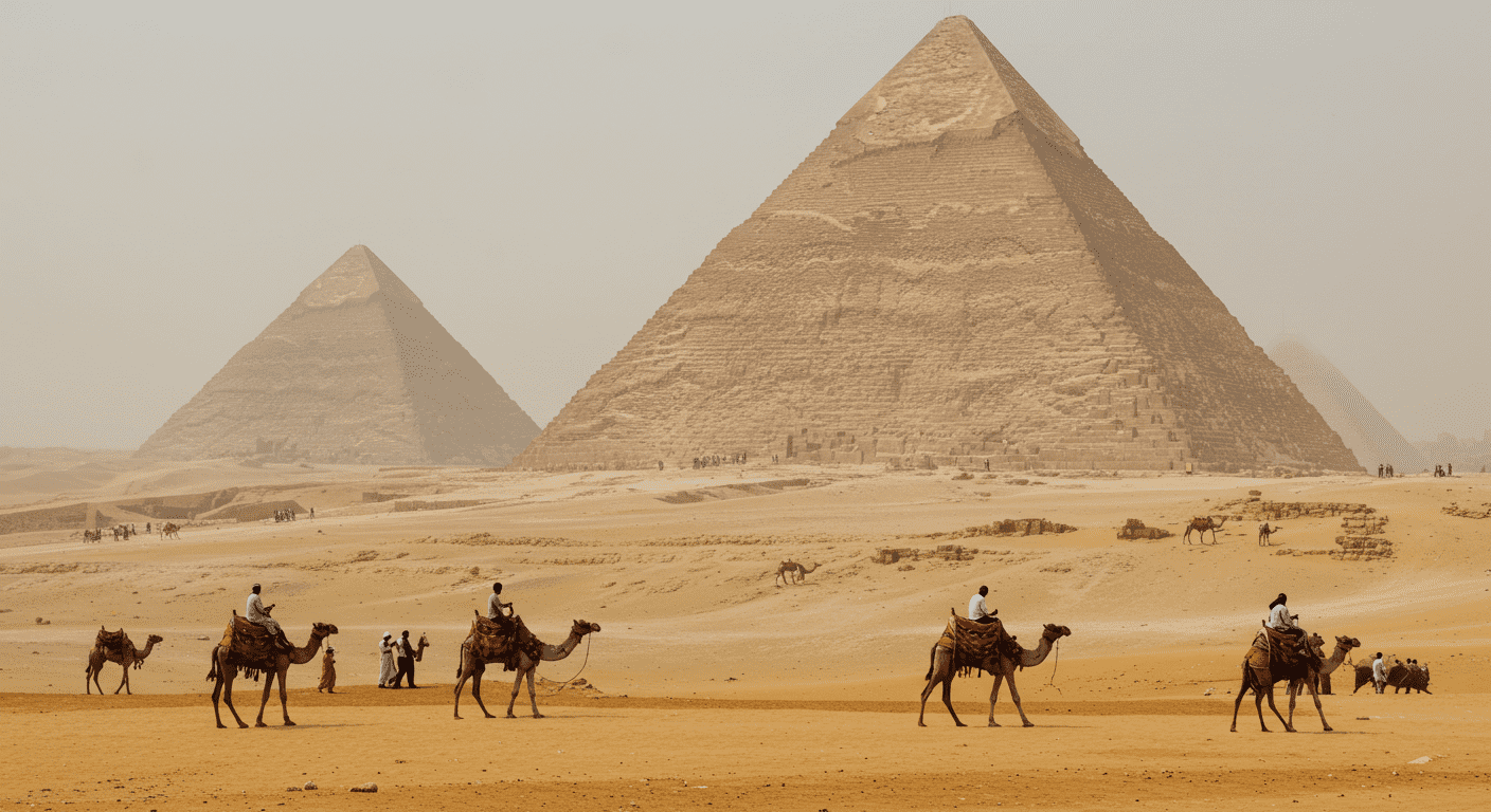 "Vista de las Pirámides de Giza en Egipto con calima. Paisaje desértico con pirámides y personas montando camellos. #pirámides #giza #egipto #desierto"