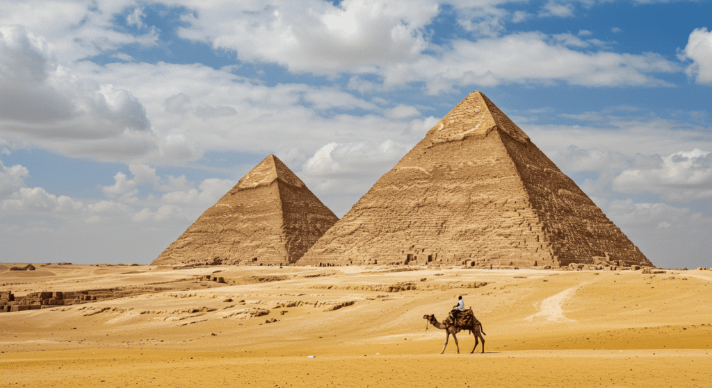 "Vista panorámica de las Pirámides de Giza en Egipto. Desierto con pirámides y cielo azul con nubes. #piramides #giza #egipto #desierto"

