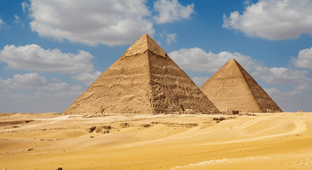 "Vista de las Pirámides de Giza en Egipto con calima. Paisaje desértico con pirámides y personas montando camellos. #pirámides #giza #egipto #desierto"

