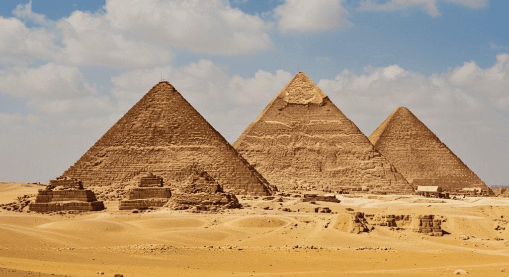 Las siete maravillas del mundo antiguo que asombraron a la humanidad 3 Fotografía de las Pirámides de Giza en Egipto. Impresionante imagen de las tres grandes pirámides con cielo azul de fondo. Ideal para temas de historia antigua, arquitectura egipcia y viajes.