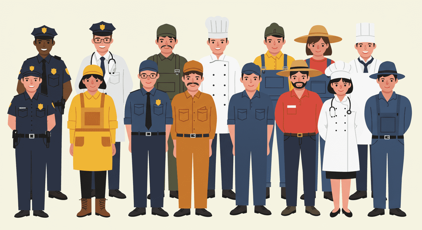 Ilustración de personas de diversas profesiones unidas. Diseño gráfico del Día del Trabajo con personajes variados.