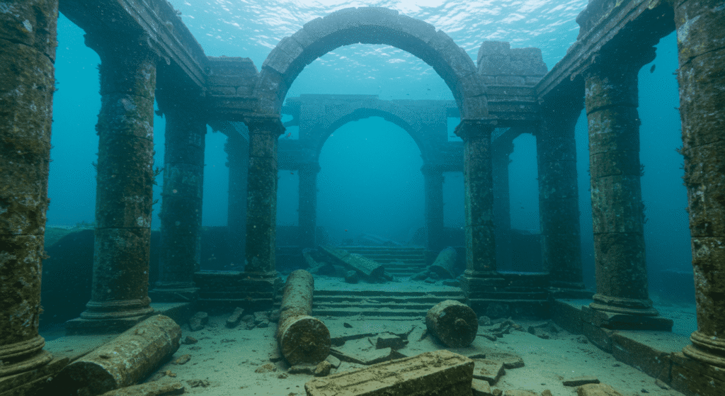 ¿La Atlántida existió realmente? Mito, historia y teorías modernas 3 Ruinas submarinas de una antigua ciudad con columnas y arcos cubiertos de vida marina