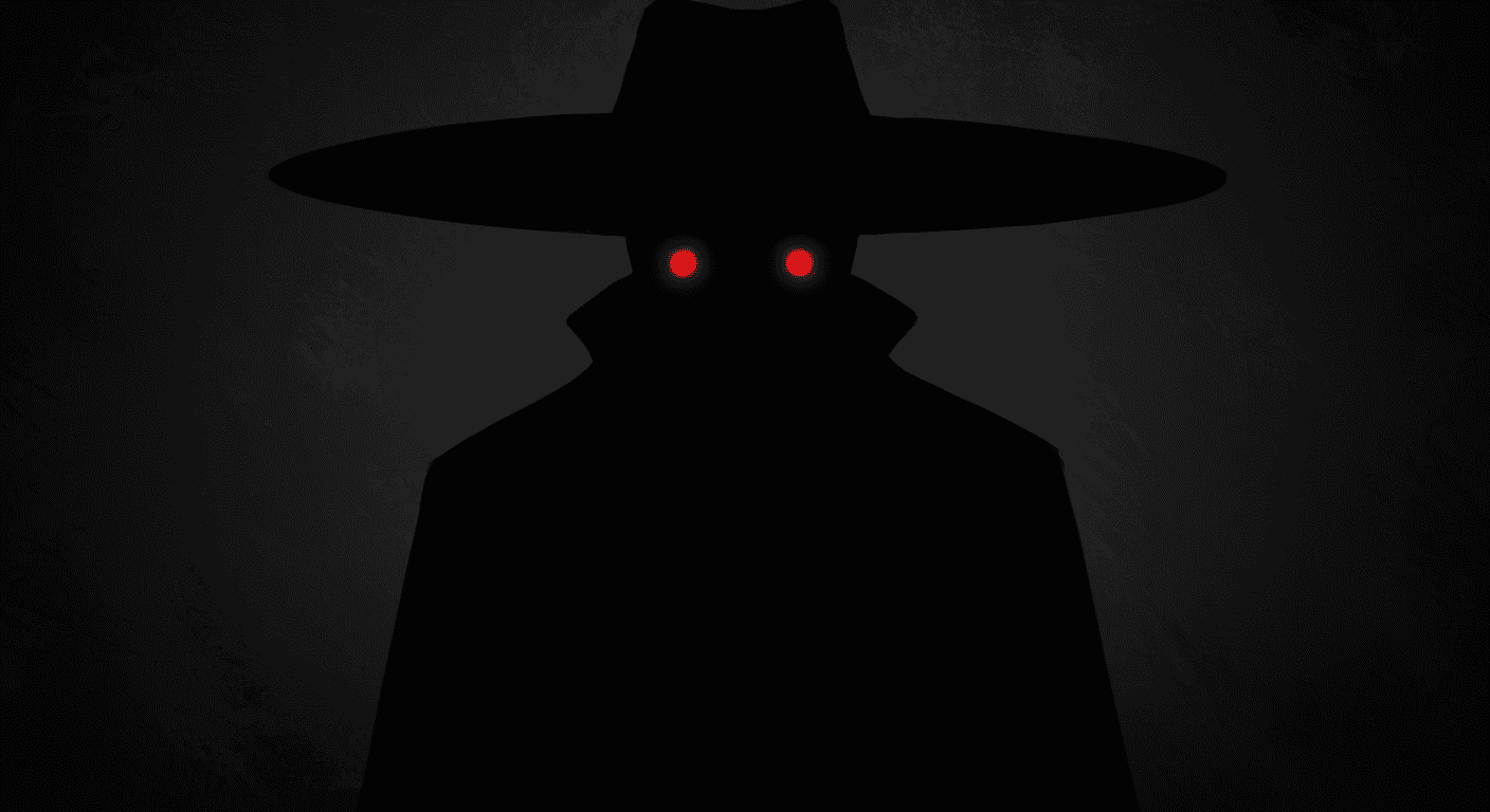 Figura sombría con sombrero y abrigo en fondo rojo con ojos brillantes. Imagen de terror y suspense