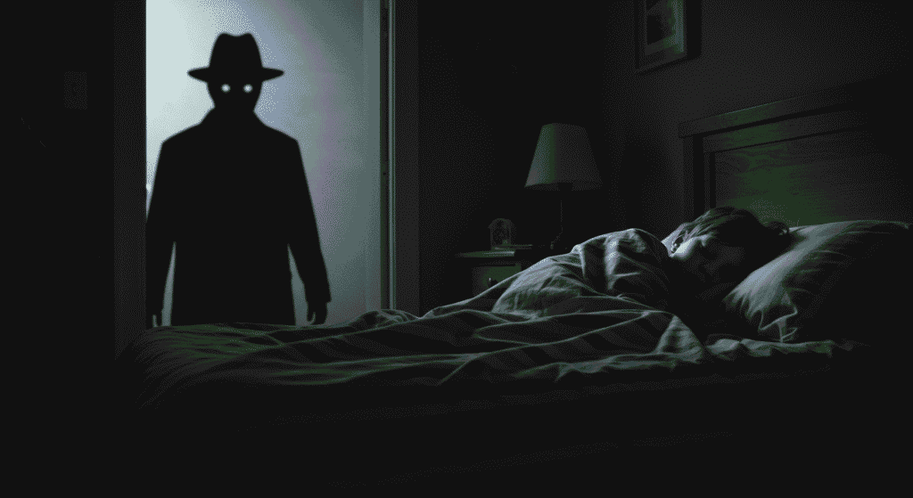 Sombra de figura con sombrero acechando a niño durmiendo en habitación oscura. Imagen de terror y suspense para contenido de pesadillas e historias de miedo.