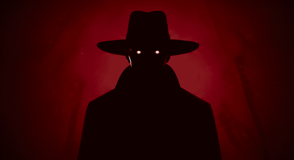 Silueta sombría con sombrero y ojos rojos brillantes. Imagen de terror psicológico para contenido de pesadillas e historias de miedo.

