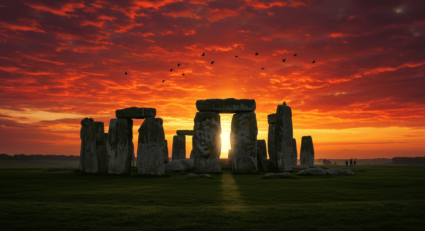 Stonehenge al atardecer. Imagen del famoso monumento prehistórico con cielo naranja y aves volando. Ideal para temas de historia antigua, arqueología y misterios del mundo.