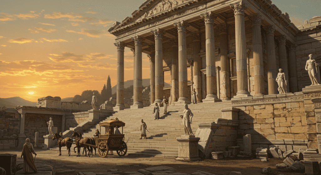 Las siete maravillas del mundo antiguo que asombraron a la humanidad 7 Ilustración del Templo de Artemisa en Éfeso. Representación artística del antiguo templo con columnas imponentes y escalinatas. Ideal para temas de historia antigua, mitología griega y arquitectura clásica.