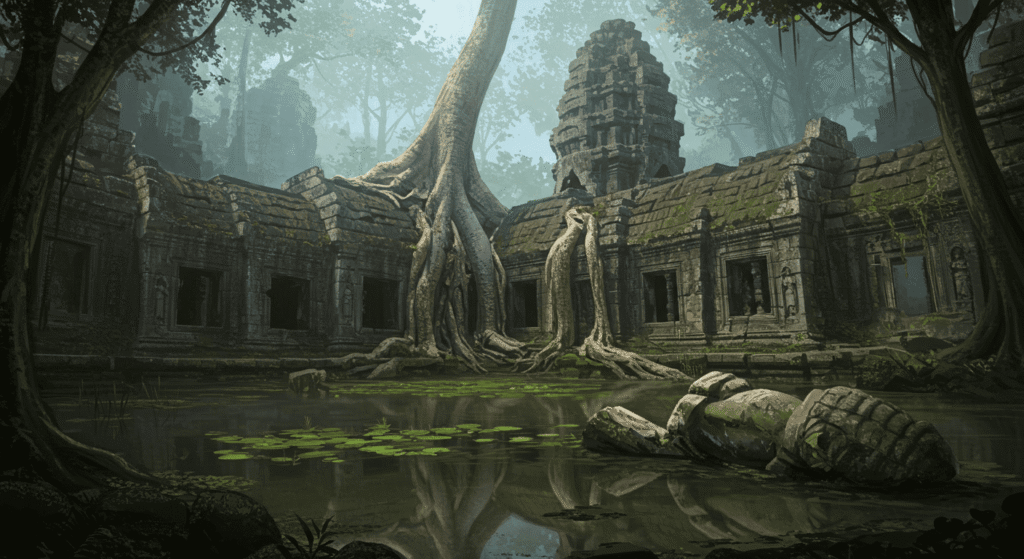 ¿La Atlántida existió realmente? Mito, historia y teorías modernas 5 Templo antiguo parcialmente sumergido en la jungla, con ruinas cubiertas de vegetación y raíces de árboles