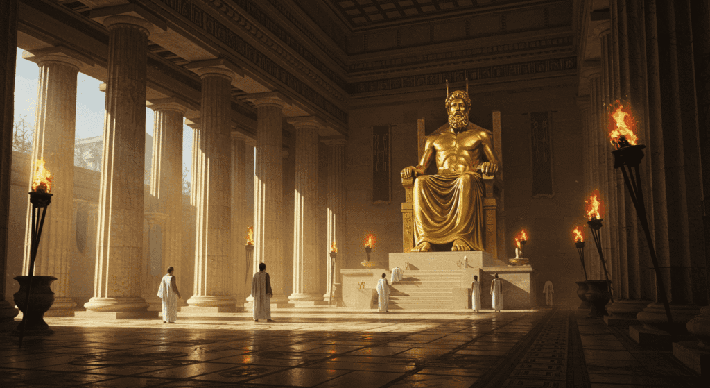 Las siete maravillas del mundo antiguo que asombraron a la humanidad 5 Ilustración del Templo de Zeus en Olimpia. Representación artística del interior del templo con la estatua gigante de Zeus. Ideal para temas de historia antigua, mitología griega y arquitectura clásica.