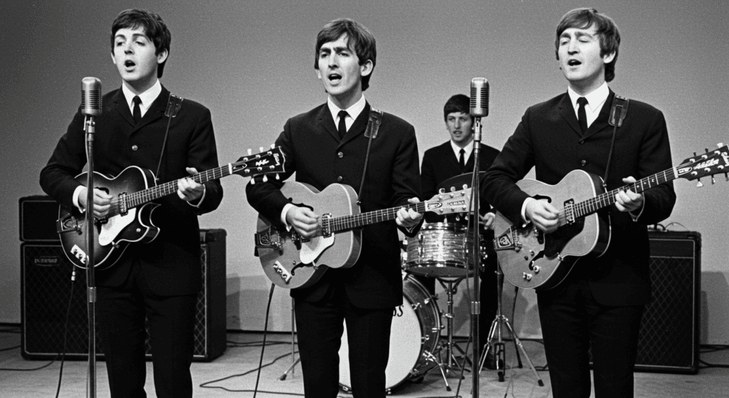 The Beatles: La banda que revolucionó la música para siempre 5 "Foto de The Beatles tocando en vivo. Imagen vintage en blanco y negro de la banda The Beatles en concierto. Se puede ver a Paul McCartney, George Harrison, Ringo Starr y John Lennon con sus instrumentos musicales. Fotografía clásica de la banda británica más famosa de todos los tiempos. Banda de Liverpool, música de los 60."
