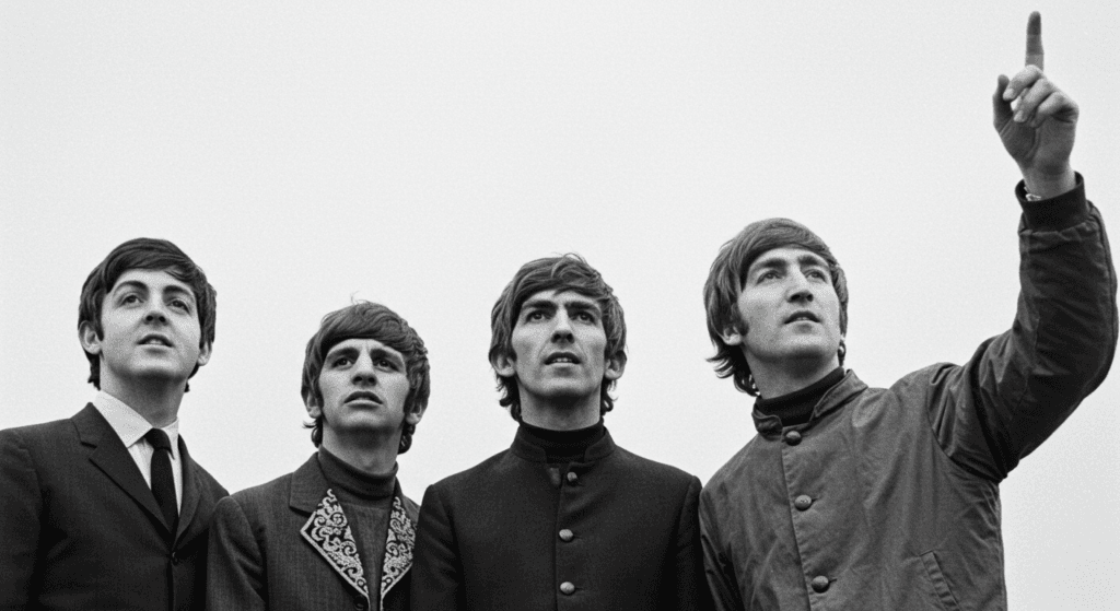 The Beatles: La banda que revolucionó la música para siempre 7 "The Beatles mirando al cielo. Fotografía en blanco y negro de The Beatles al aire libre, con Paul McCartney, Ringo Starr, George Harrison y John Lennon mirando hacia arriba. Imagen icónica de la banda, mostrando curiosidad y asombro. Foto de los Beatles, grupo musical famoso por su influencia en la música pop."