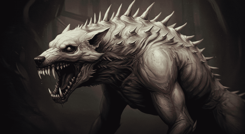 "Ilustración oscura de un monstruo con espinas atacando a un ciervo muerto. Imagen de terror con criatura depredadora y ambiente sombrío."