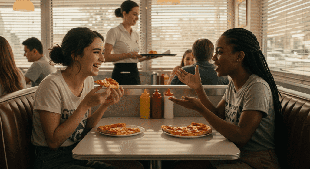 ¿Por qué alguien nos cae mal sin conocerlo? La psicología detrás del rechazo instantáneo 5 Dos amigas comiendo pizza en un restaurante. Retrato de mujeres riendo en un diner.