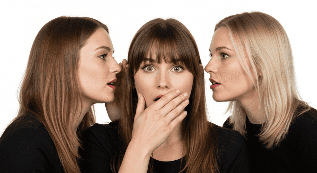 ¿Por qué alguien nos cae mal sin conocerlo? La psicología detrás del rechazo instantáneo 3 Tres amigas contando un secreto. Retrato de mujeres chismorreando.
