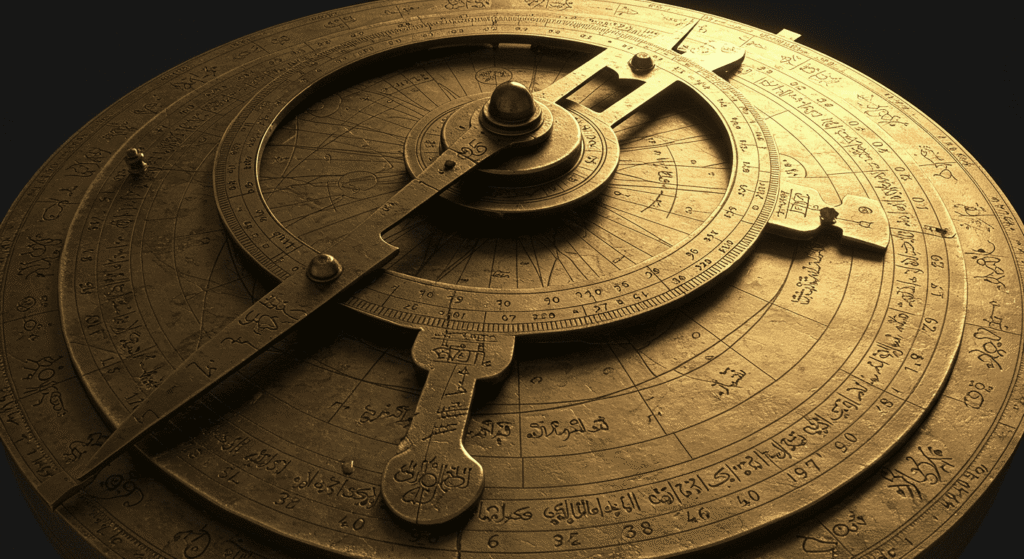 Hallazgos arqueológicos increíbles: secretos del pasado 3 Astrolabio antiguo de metal dorado. Instrumento astronómico histórico con grabados detallados.