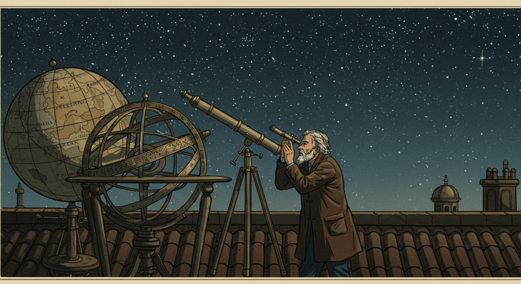 "Ilustración antigua de un astrónomo observando las estrellas con un telescopio, junto a una esfera armilar y un globo terráqueo. Imagen vintage de astronomía."

