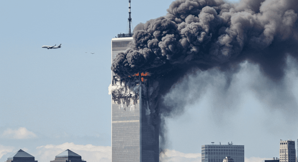 Imagen del ataque a las Torres Gemelas del 11 de septiembre en Nueva York. Fotografía impactante que muestra el humo y el fuego saliendo de las torres, con un avión en el cielo. Ideal para temas de historia, terrorismo y sucesos mundiales.
