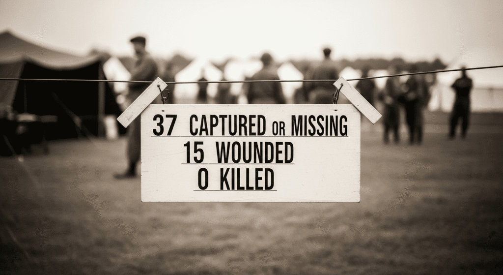 "Pancarta en campamento de guerra indicando bajas: 37 capturados o desaparecidos, 15 heridos, 0 muertos. Imagen sepia que transmite un ambiente de conflicto y pérdida."

