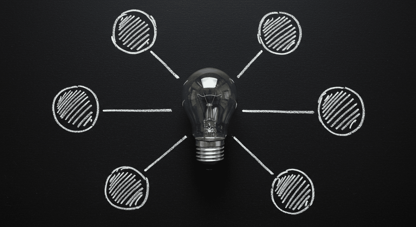 Imagen de una bombilla de luz en el centro de una pizarra negra, rodeada de círculos dibujados con tiza blanca que representan ideas o conceptos conectados. Ilustración conceptual para innovación y creatividad. Accesible para personas con discapacidad visual.