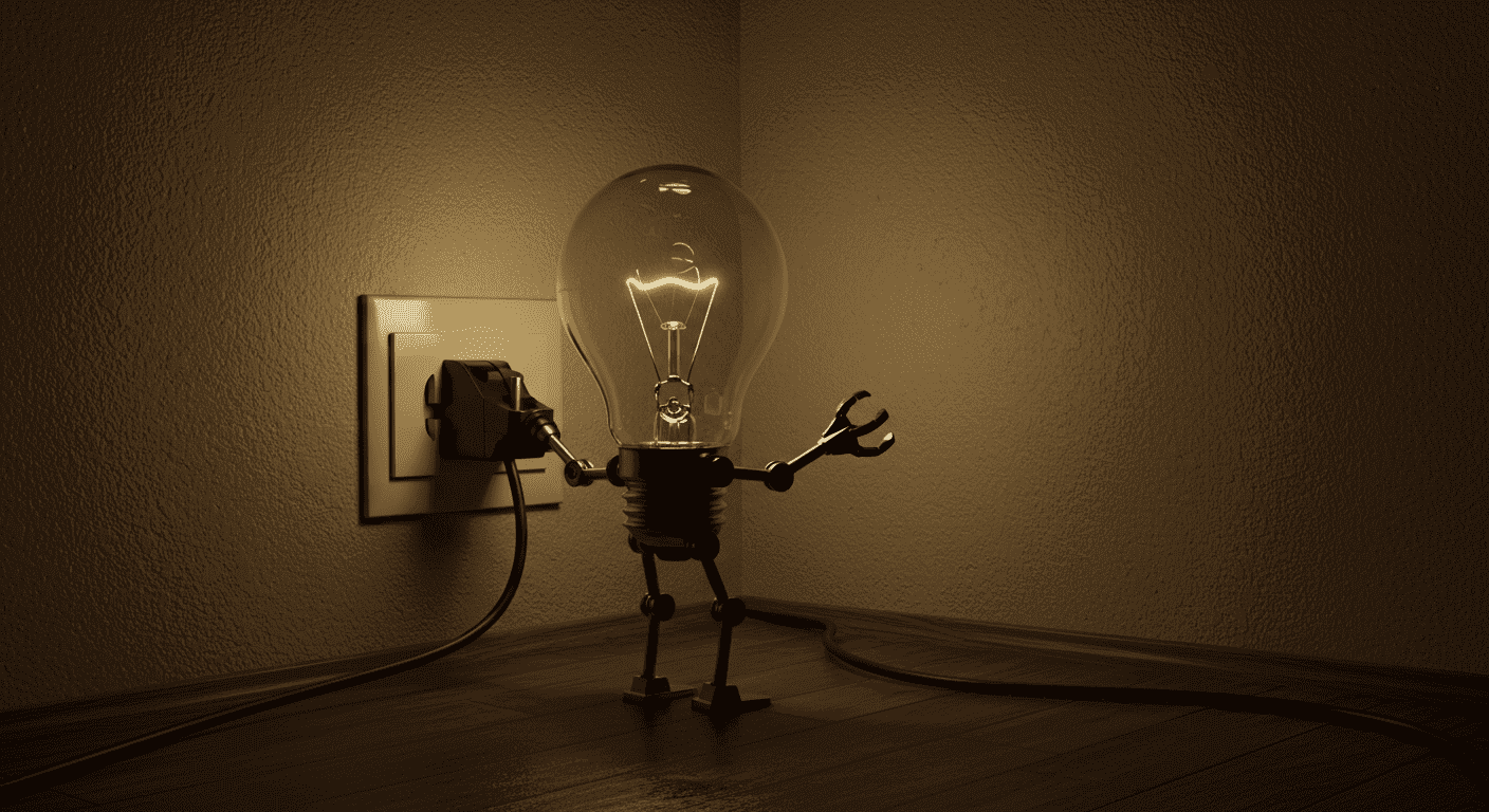 Bombilla robot enchufándose a la corriente. Creatividad con luz. Ilustración con bombilla.