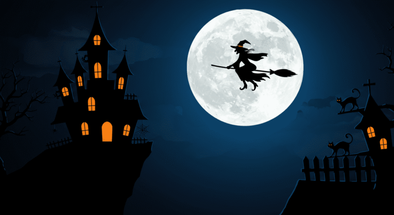 Imagen de Halloween: silueta de bruja volando en escoba con casa encantada y gato negro bajo la luna llena. Decoración de Halloween, noche de brujas, ambiente misterioso y festivo.