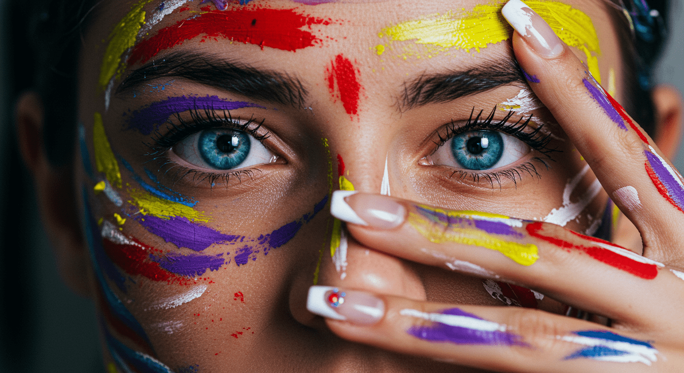 Retrato artístico de persona con ojos azules y cara cubierta de pintura multicolor. Imagen creativa y expresiva.