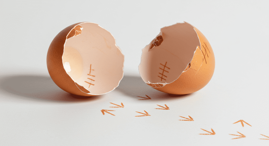 "Cáscaras de huevo rotas con marcas de conteo y huellas de pollo. Imagen conceptual sobre nacimiento, eclosión y nuevos comienzos."

