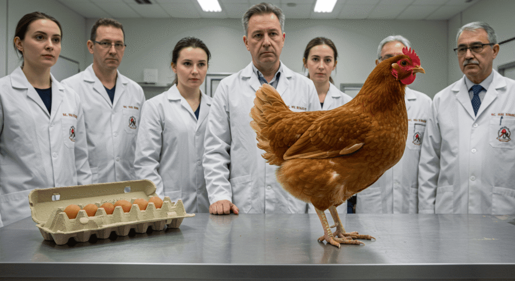 "Grupo de científicos observando una gallina en un laboratorio. Imagen sobre investigación avícola y estudio de huevos en un entorno científico."

