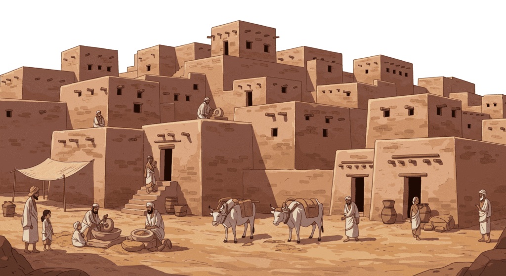 Hallazgos arqueológicos increíbles: secretos del pasado 2 Representación gráfica de una antigua ciudad con edificios de ladrillo y actividades cotidianas de sus habitantes. Ilustración histórica de asentamiento antiguo.