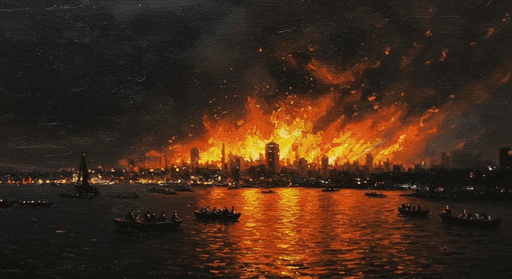 Pintura al óleo de una ciudad en llamas por la noche. Fuego consume edificios mientras la gente escapa en botes. Representación artística de un desastre histórico.