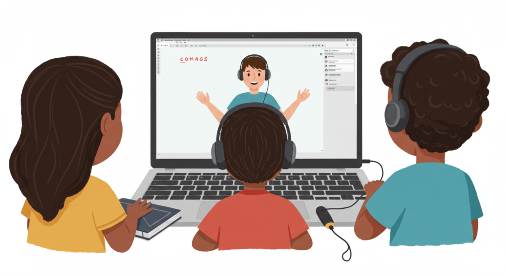 Cursos Online: 10 Razones Para Aprender Desde Casa 4 a group of kids wearing headphones and using a laptop