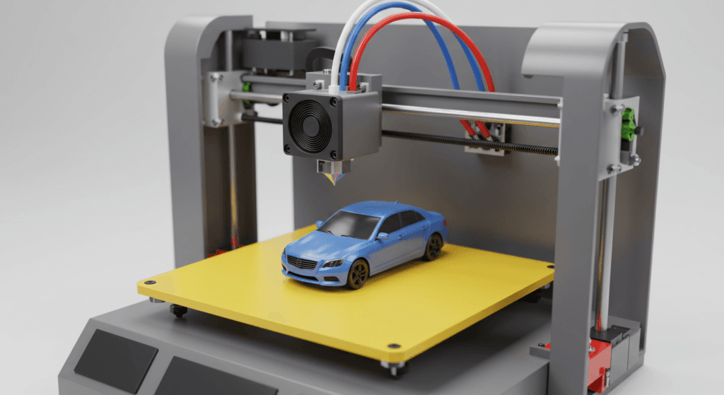 Cómo la Impresión 3D Está Revolucionando la Industria 5 Coche Impreso 3D: Imagen de impresora 3D creando coche azul, tecnología innovadora. Accesibilidad web y SEO para fabricación digital, diseño y coches.