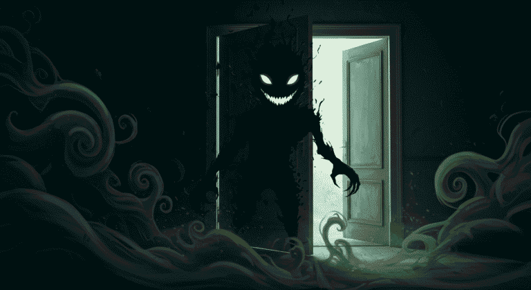 Ilustración digital de una criatura oscura saliendo de una puerta. Imagen de terror y fantasía.