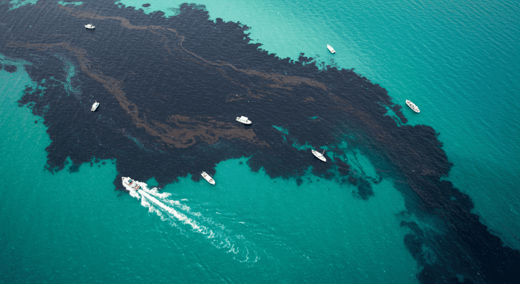 El impacto de la contaminación marina: cómo estamos destruyendo los océanos 3 "Derrame de petróleo en el océano. Vista aérea de la contaminación marina por hidrocarburos. #derrame #petróleo #contaminación #océano #medioambiente"