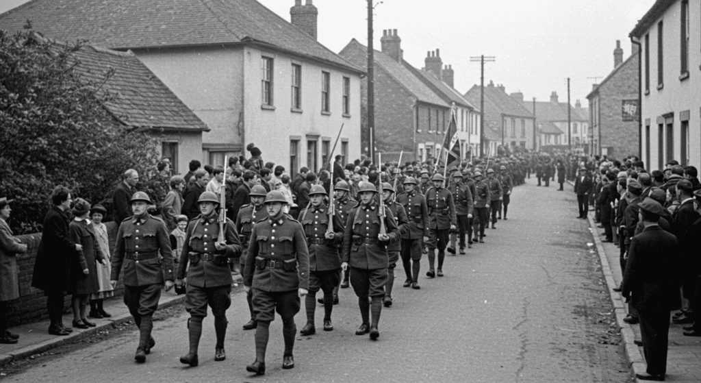 Fotografía en blanco y negro de un desfile militar en un pueblo. Soldados marchan por la calle con rifles, observados por una multitud. Imagen histórica de ambiente solemne. Ideal para ilustrar temas de historia y conflictos.