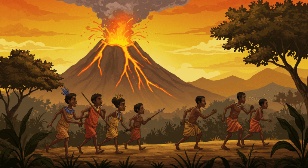 Dibujo animado con persona huyendo de la erupción del volcán. Ilustración de caricatura con gente corriendo del volcán con lava y fuego en el cielo.

