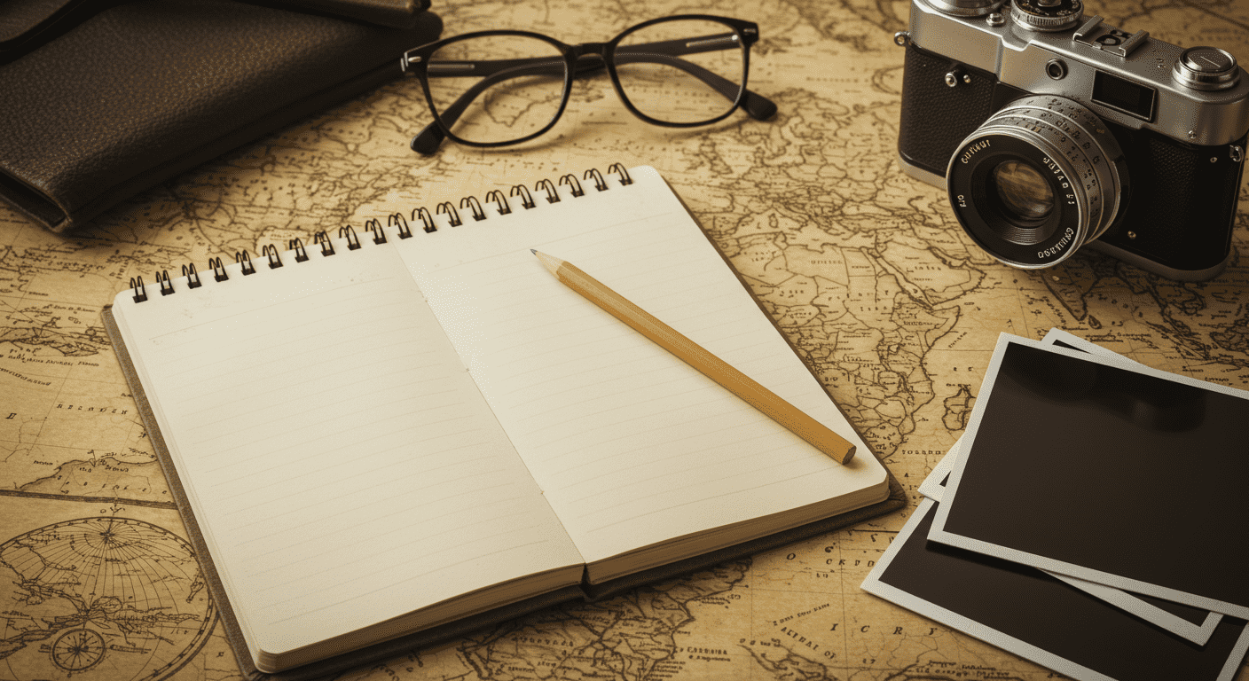 "Escena vintage de viaje con mapa antiguo, cuaderno abierto, lápiz, gafas, fotos y cámara clásica. Inspiración viajera y planificación de aventuras."