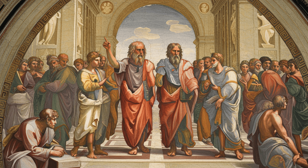 "Detalle de 'La Escuela de Atenas' de Rafael, con Platón y Aristóteles rodeados de filósofos. Imagen de la obra renacentista con figuras clásicas y ambiente intelectual."

