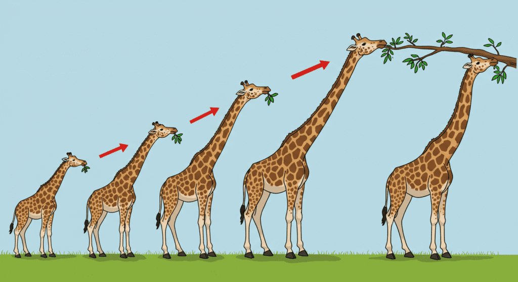 Significado de la vida: entre la ciencia, la fe y la filosofía 7 "Diagrama de la evolución del cuello de la jirafa. Ilustración científica que muestra el proceso gradual de adaptación a lo largo del tiempo. Teoría de la evolución, selección natural y biología."
