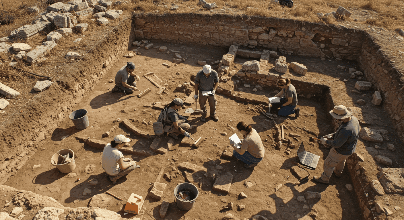 Excavación arqueológica con arqueólogos trabajando. Vista aérea de sitio en excavación.