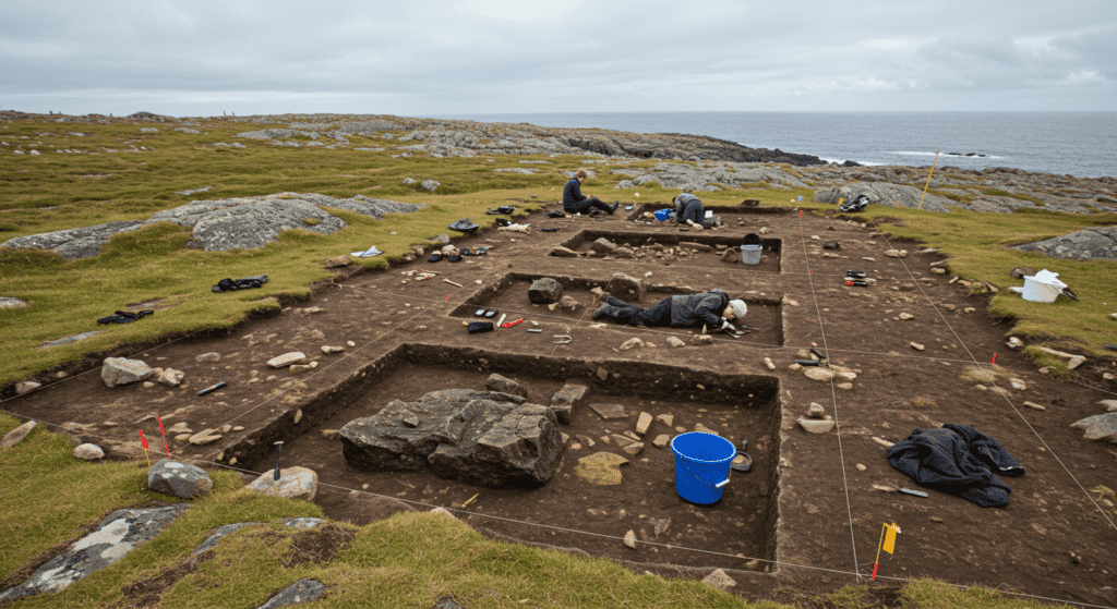 Los hallazgos arqueológicos más asombrosos que cambiaron la historia 5 "Excavación arqueológica en la costa. Un equipo de arqueólogos trabajando en un yacimiento con cuadrículas de excavación en busca de artefactos históricos. Descubrimientos y patrimonio cultural."