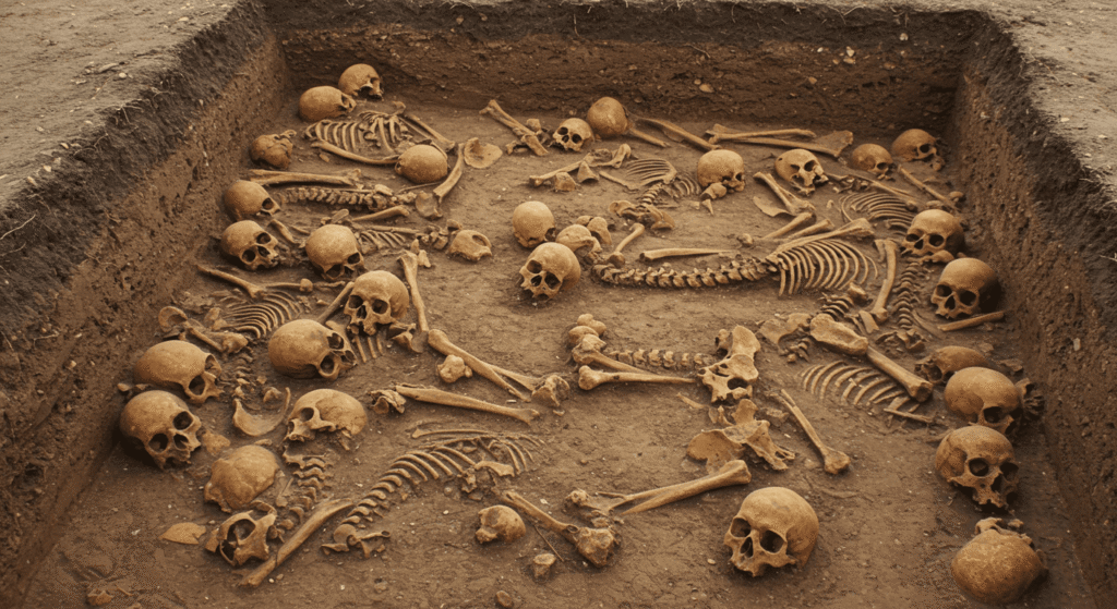 Hallazgos arqueológicos increíbles: secretos del pasado 7 Excavación arqueológica con restos de esqueletos humanos y cráneos. Hallazgo de huesos en yacimiento arqueológico.