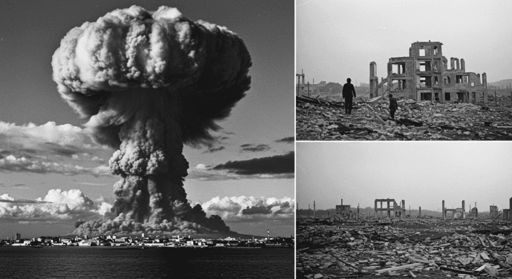Fotografías de la explosión nuclear y la devastación en Hiroshima. Impactantes imágenes en blanco y negro de la bomba atómica y sus consecuencias. Para uso educativo y documentación histórica.