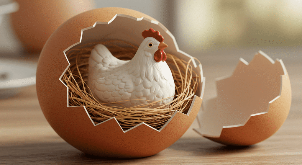 "Figurilla de cerámica de una gallina dentro de un cascarón de huevo decorativo. Imagen tierna y artesanal con ambiente hogareño y de nacimiento."

